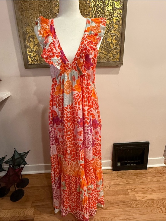 Oliphant Dresses & Skirts - Oliphant Orange, Pink & White Floral Maxi Dress - Ruffle V-Neck